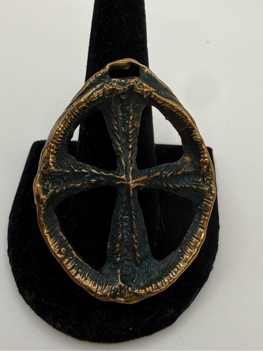 Vintage Heavy Bronze Solar Wheel Cross Pendant Openwork Artisan Statement